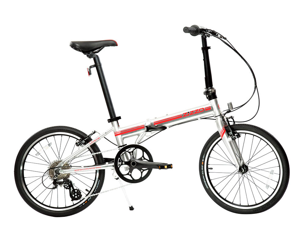 featured image | variant=red, featured=yes, allow-fullscreen, side profile view silver and red zizzo liberte lightweight folding bicycle, great for recreation and bicycle commuting.