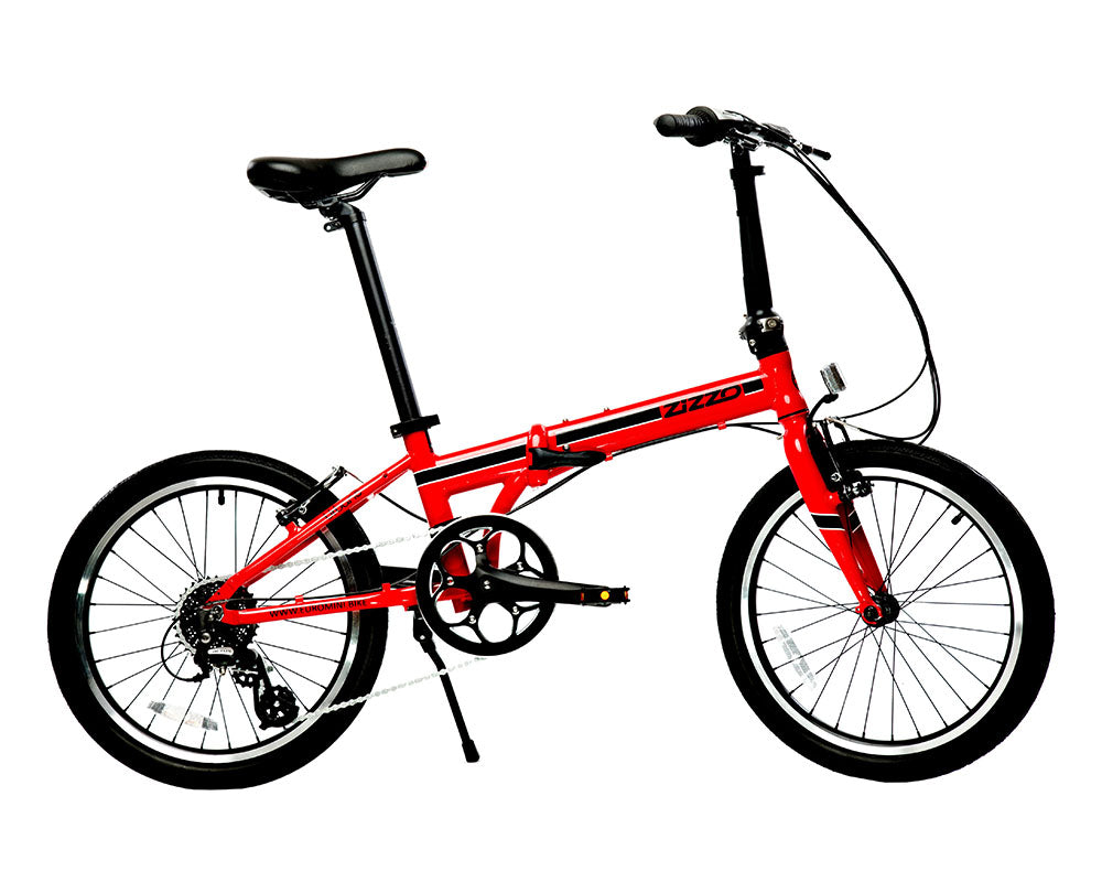 featured image | variant=red, featured=yes, allow-fullscreen, side profile of a red zizzo urbano lightweight folding bicycle, great for recreation and bicycle commuting.