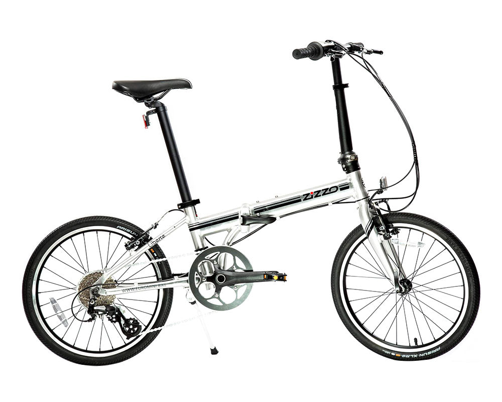 featured image | variant=black, featured=yes, allow-fullscreen, side profile view silver and black zizzo liberte lightweight folding bicycle, great for recreation and bicycle commuting.