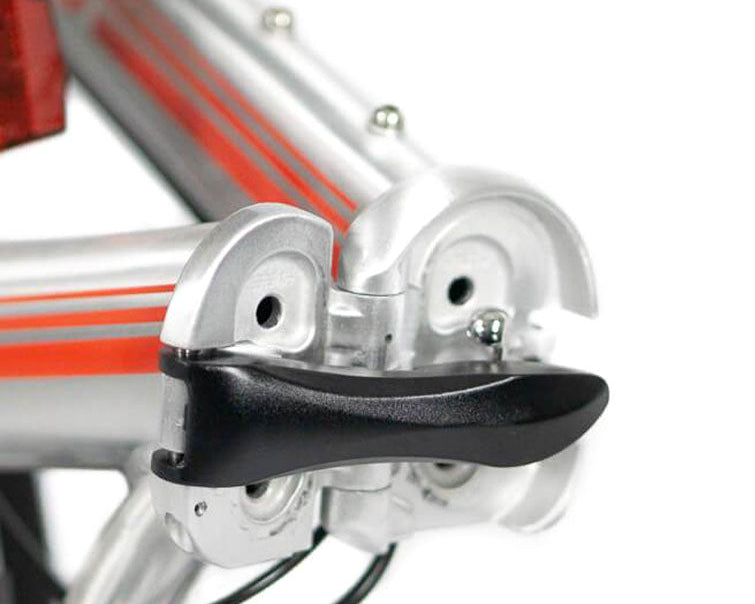feature=folding-joint, allow-fullscreen, reinforced folding joint on a silver and red zizzo liberte lightweight folding bicycle.